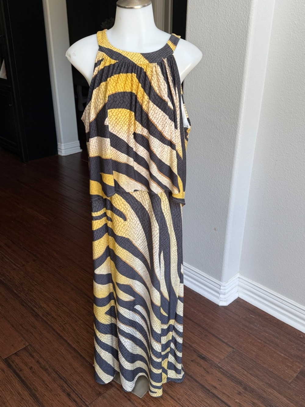 Chicos Yellow and Black Zebra Print Halter Maxi Dress